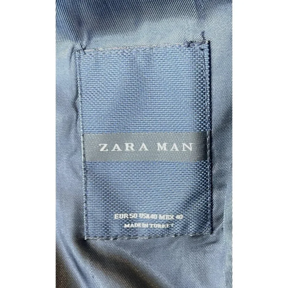 Zara Mens Blazer Size 40 Navy Blue Plaid Wool Blend Button‎ Front